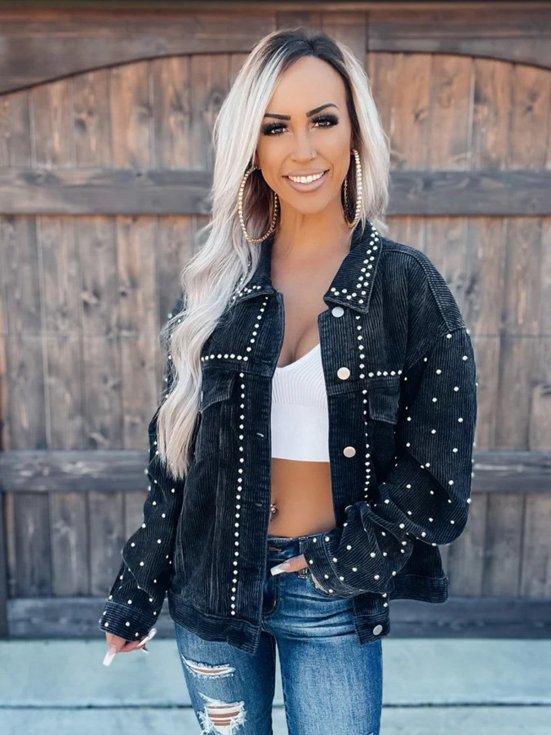 Studded Collared Neck Button Down Jacket - Tippy Jean