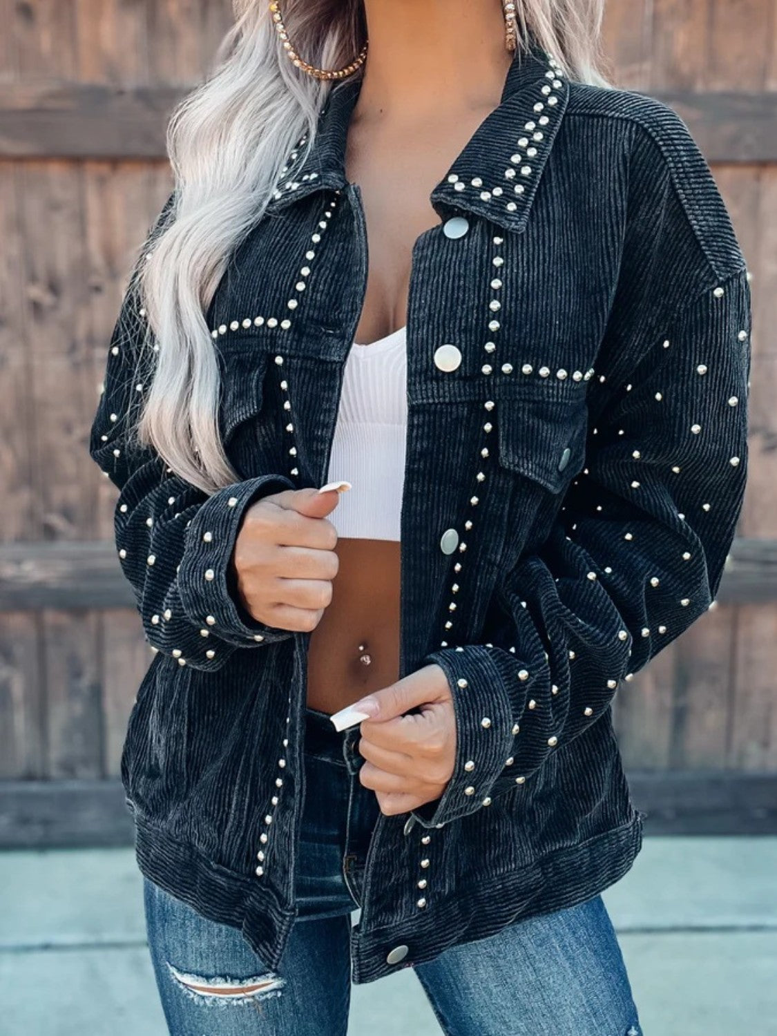 Studded Collared Neck Button Down Jacket - Tippy Jean