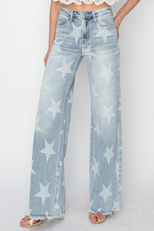 RISEN Full Size Raw Hem Star Wide Leg Jeans - Tippy Jean