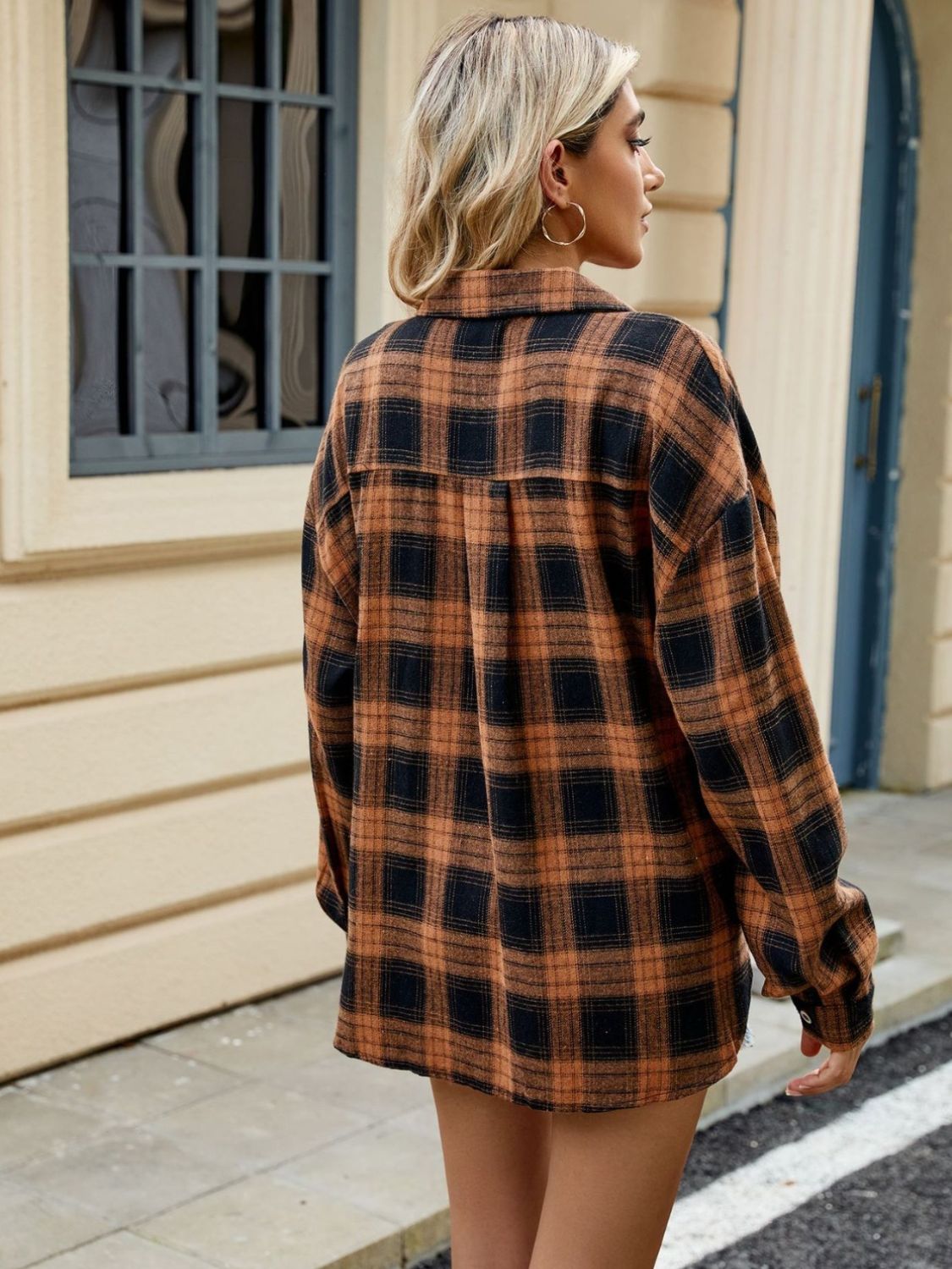 Plaid Collared Neck Long Sleeve Shirt - Tippy Jean