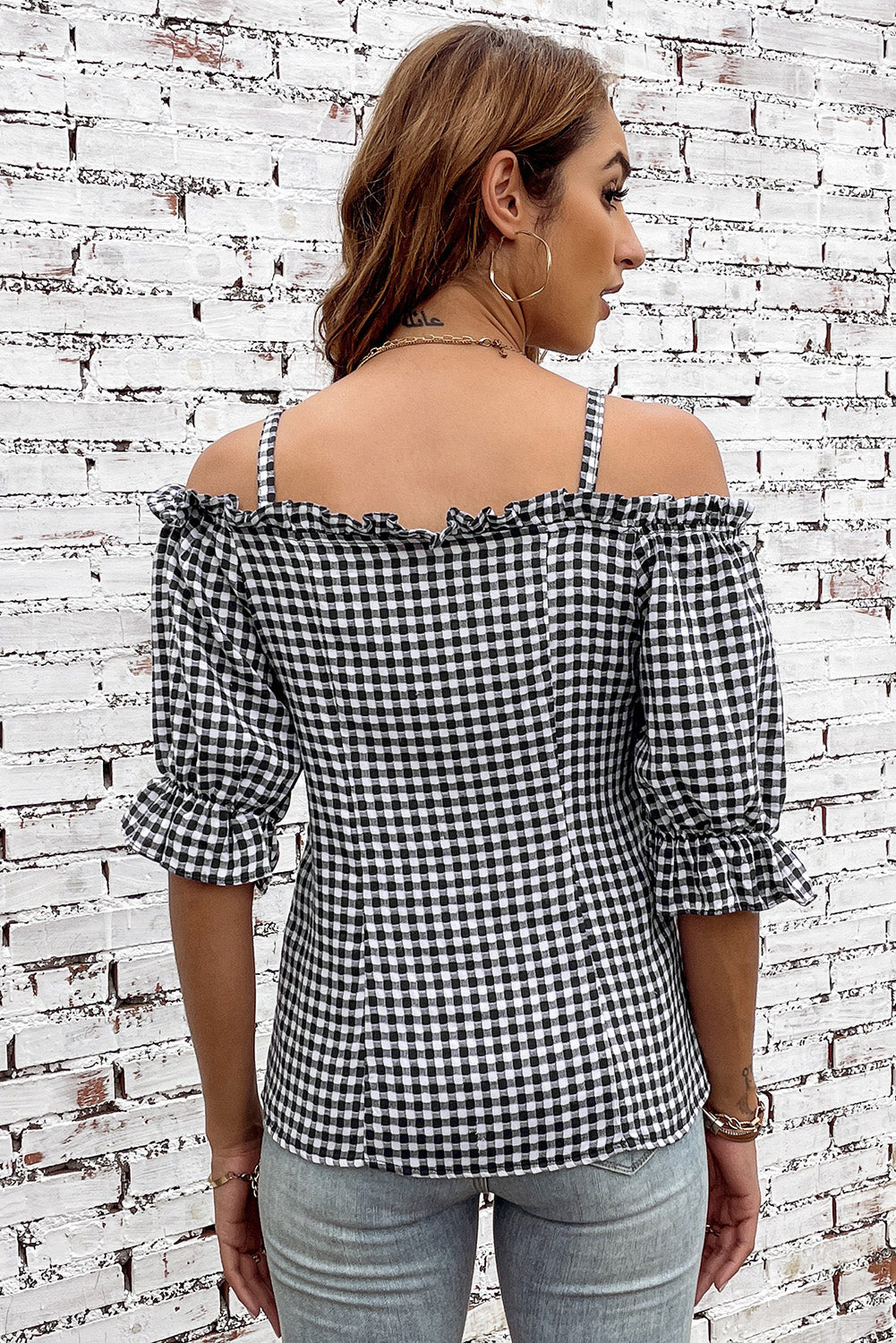 Plaid Buttoned Sweetheart Neck Cold-Shoulder Top - Tippy Jean