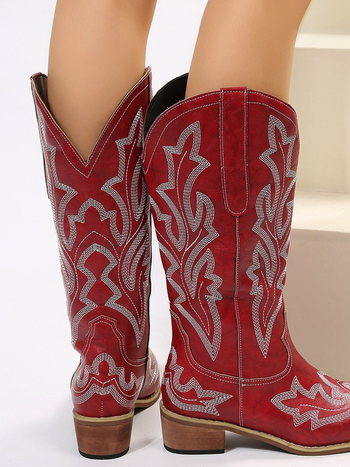 PU Leather Embroidered Geometric Point Toe Boots - Tippy Jean