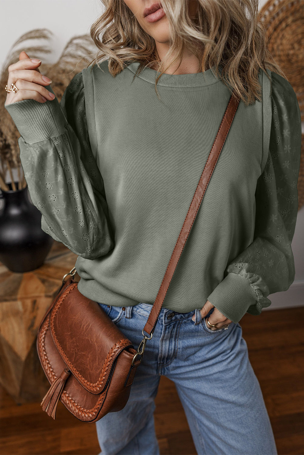 Eyelet Round Neck Long Sleeve Sweatshirt - Tippy Jean