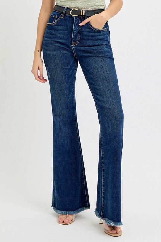 RISEN Tummy Control Frayed Hem Flare Jeans - Tippy Jean