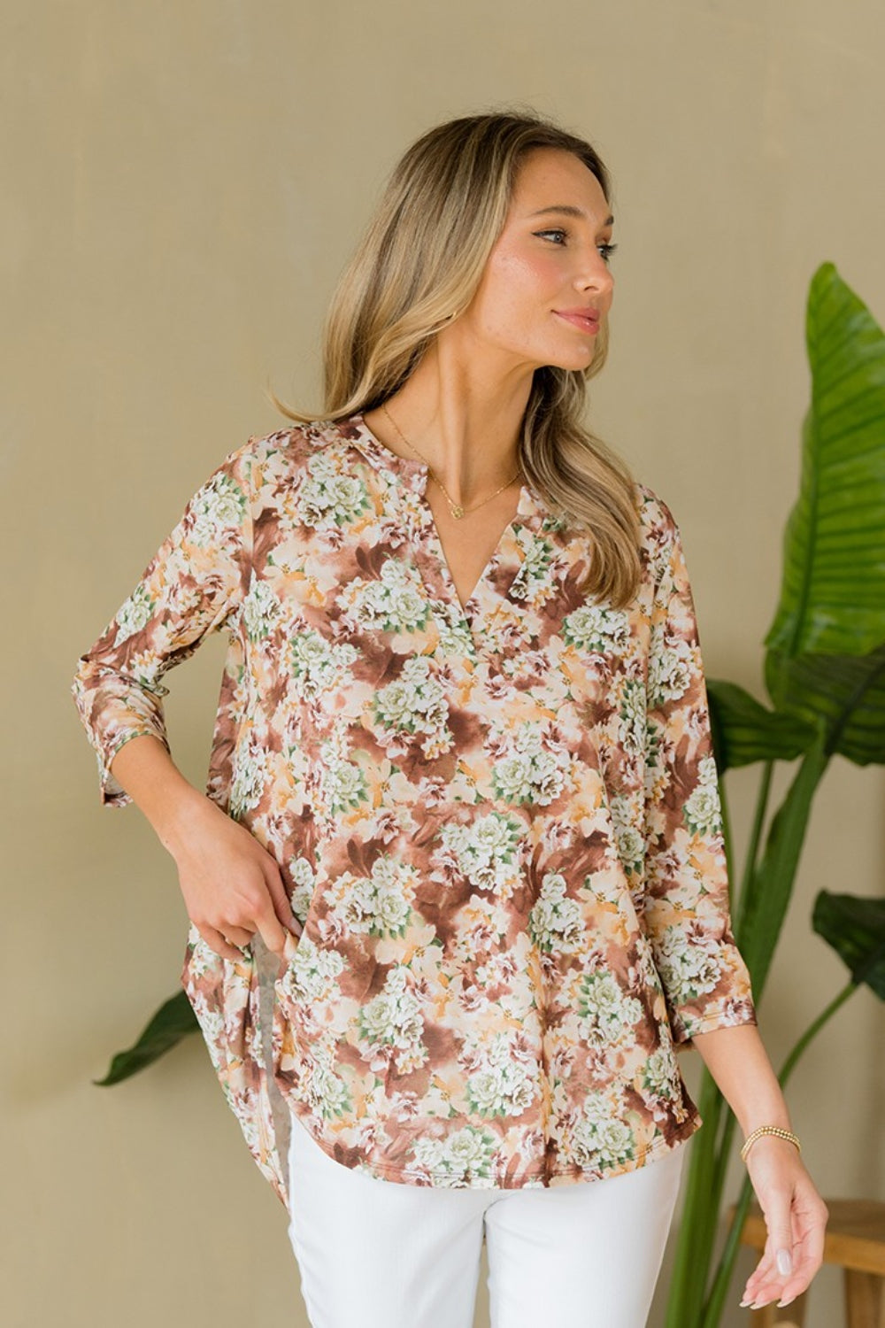 Sew In Love Full Size Wrinkle-Free Floral Notched Top - Tippy Jean