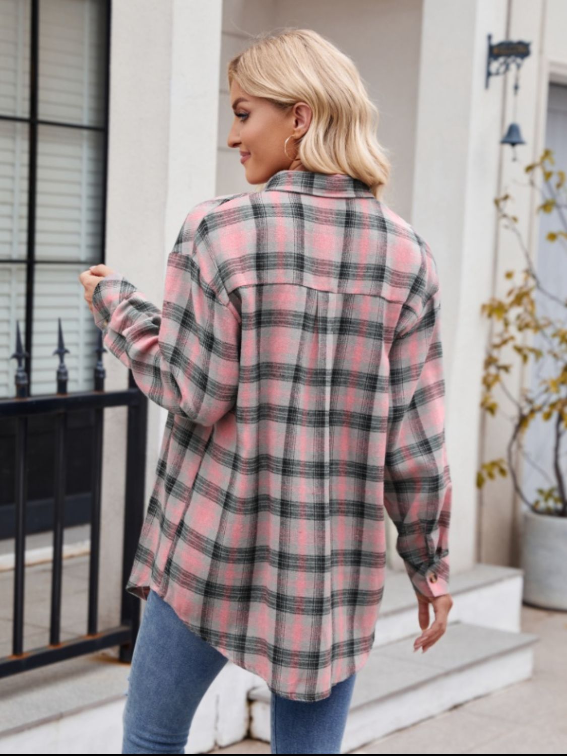 Mandy Pocketed Plaid Collared Neck Long Sleeve Shirt - Tippy Jean