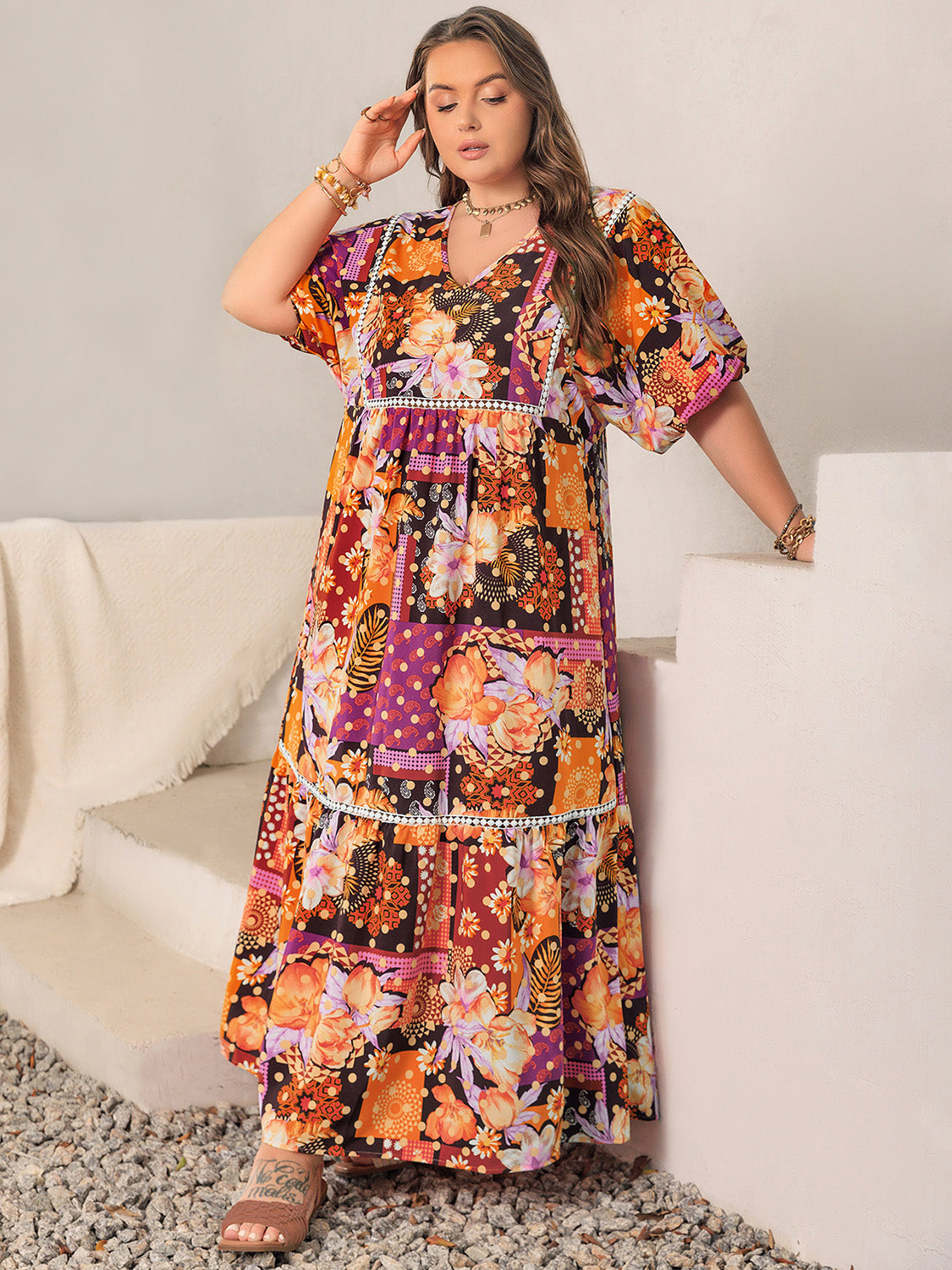 Plus Size Printed V-Neck Half Sleeve Maxi Dress - Tippy Jean