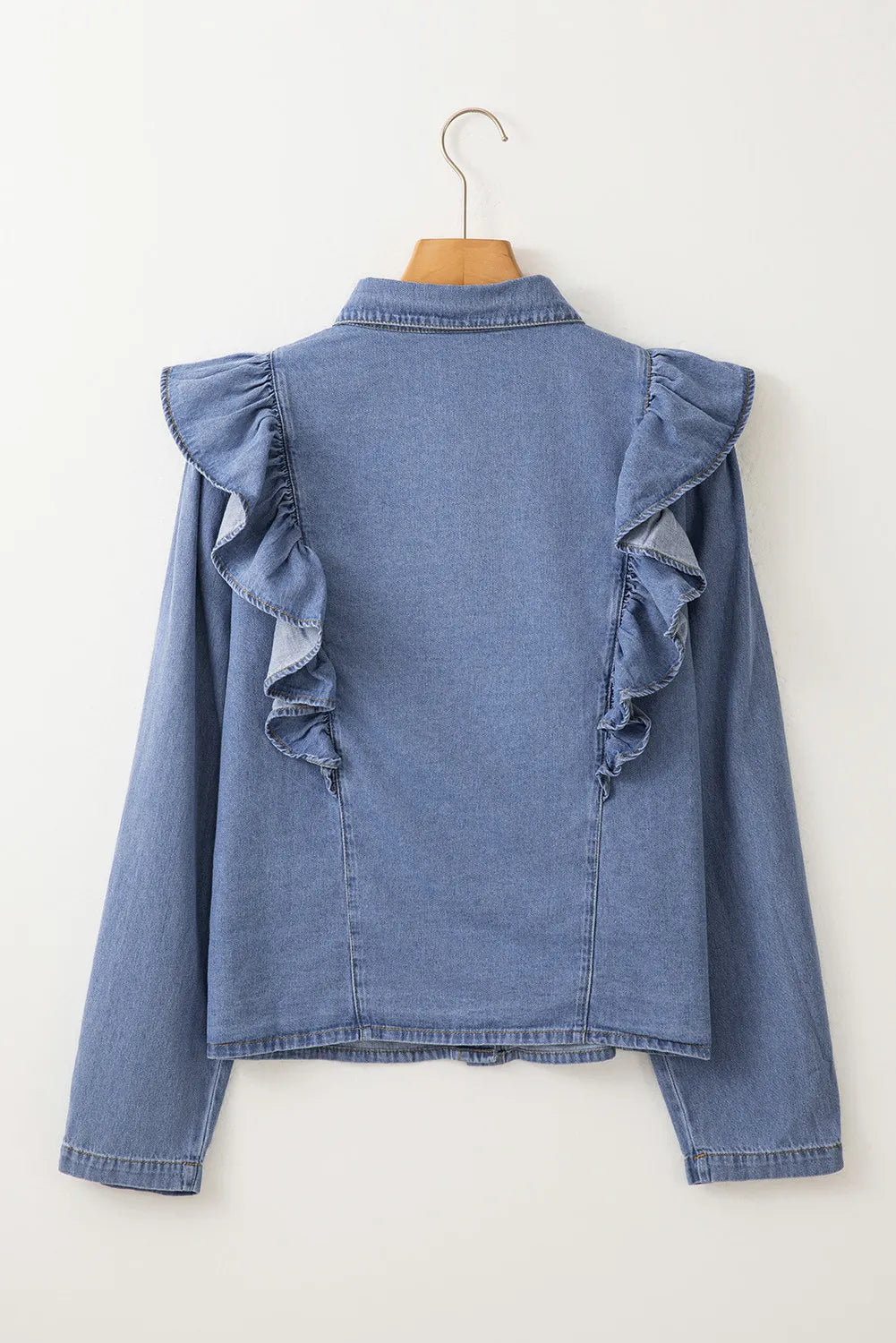 Ruffled Round Neck Long Sleeve Denim Top - Tippy Jean