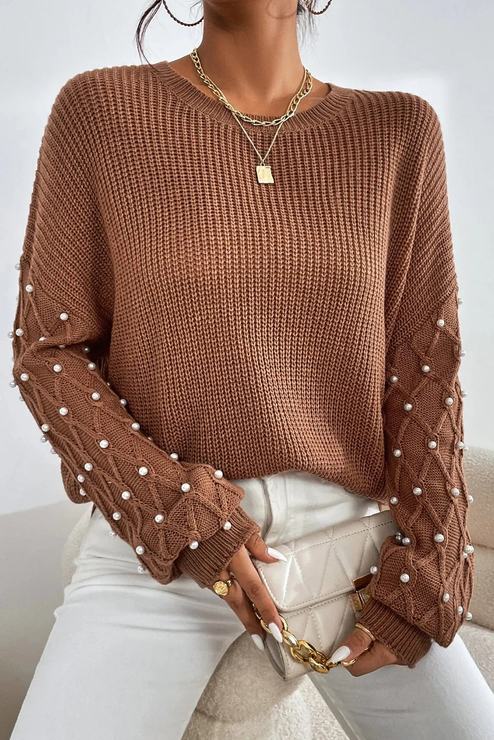 Pearl Detail Round Neck Long Sleeve Sweater - Tippy Jean