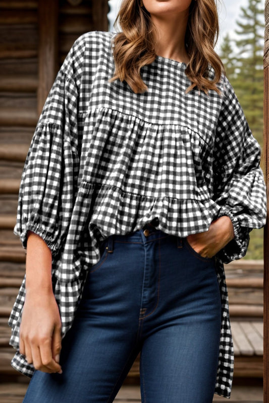 Tiered Plaid Round Neck Long Sleeve Blouse - Tippy Jean