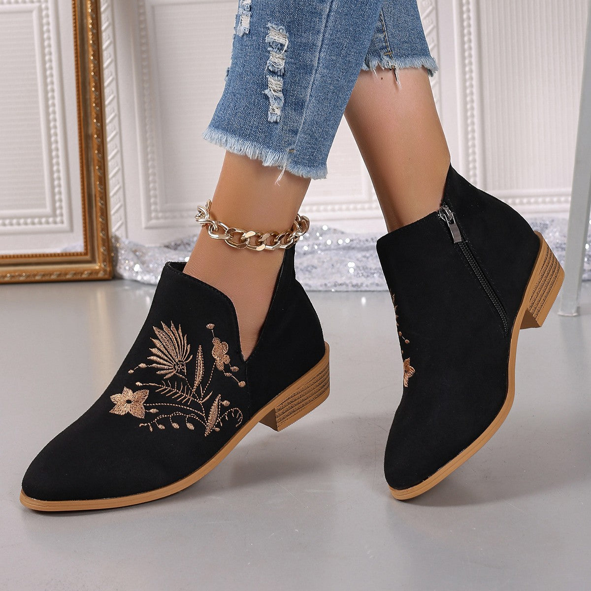 Embroidered Suede Point Toe Block Heel Boots - Tippy Jean