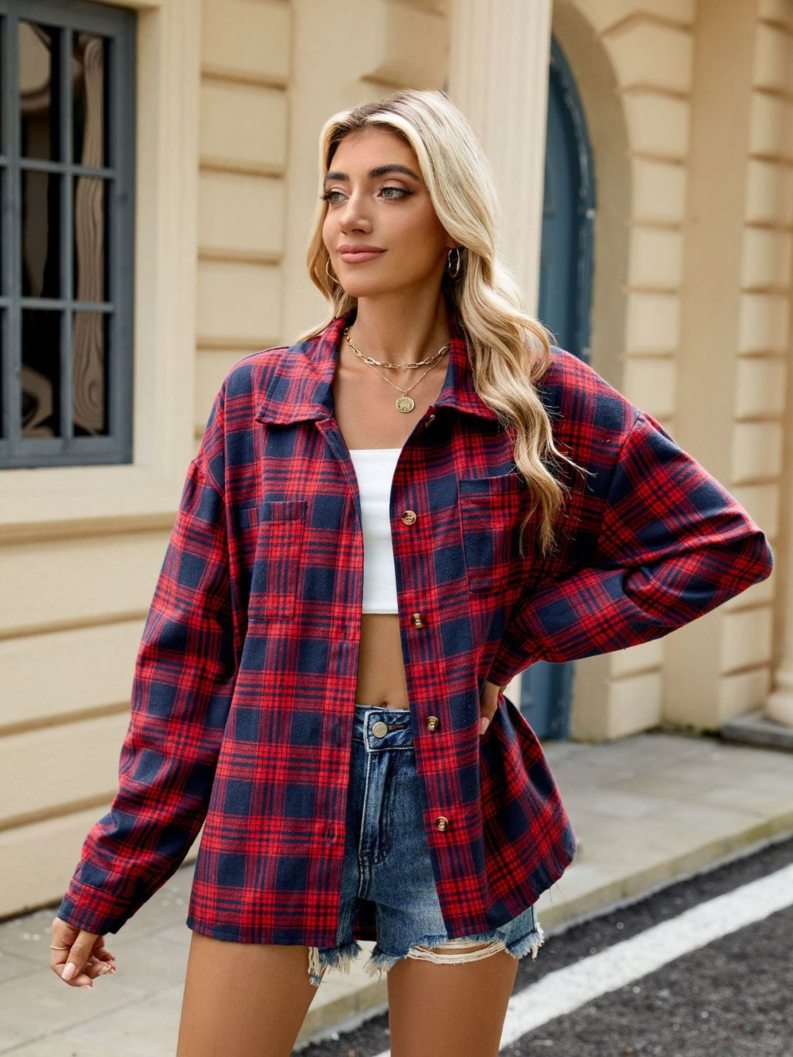 Plaid Collared Neck Long Sleeve Shirt - Tippy Jean