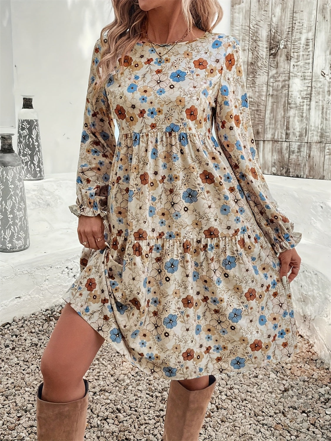 Ruffled Printed Round Neck Long Sleeve Dress - Tippy Jean