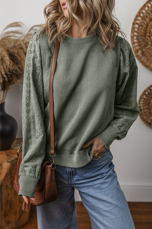 Eyelet Round Neck Long Sleeve Sweatshirt - Tippy Jean