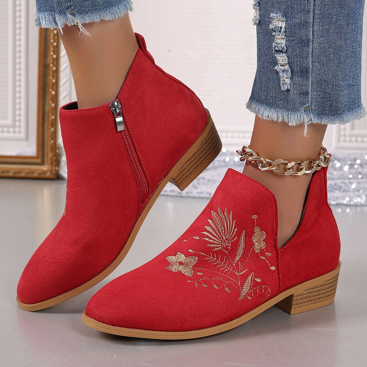 Embroidered Suede Point Toe Block Heel Boots - Tippy Jean