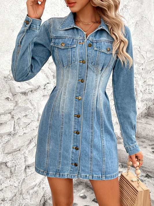 Pocketed Button Up Long Sleeve Denim Dress - Tippy Jean