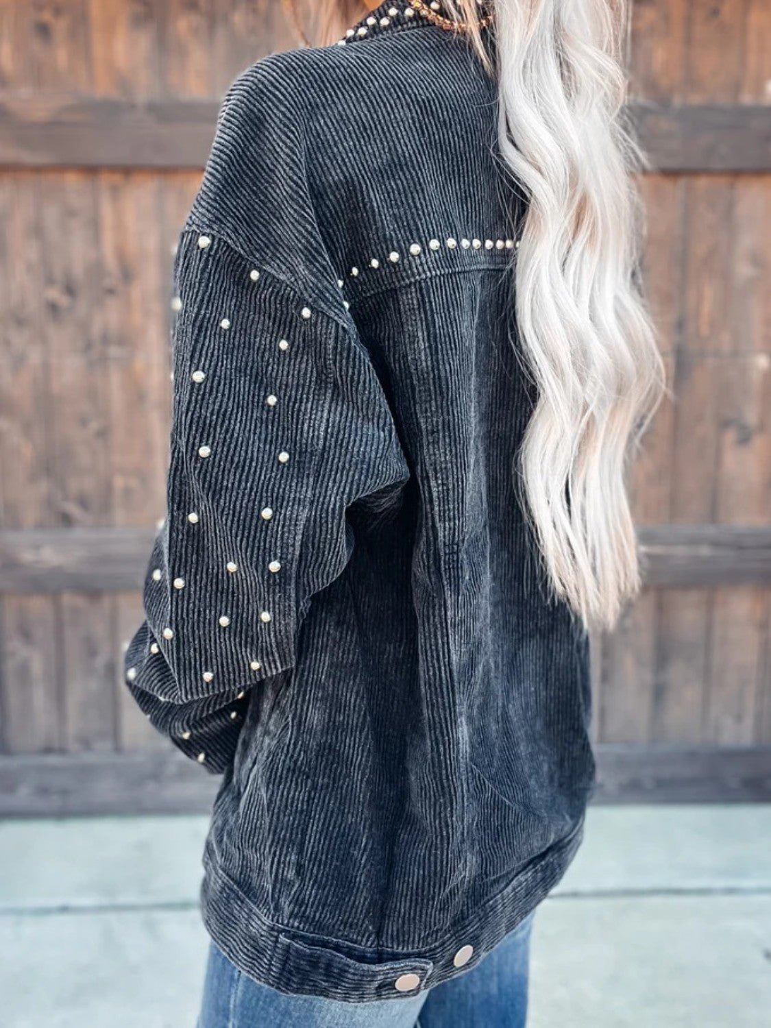 Studded Collared Neck Button Down Jacket - Tippy Jean