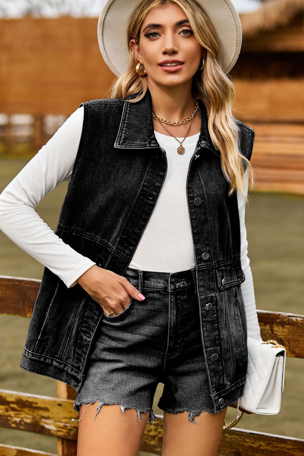 Sleeveless Collared Neck Denim Top with Pockets - Tippy Jean