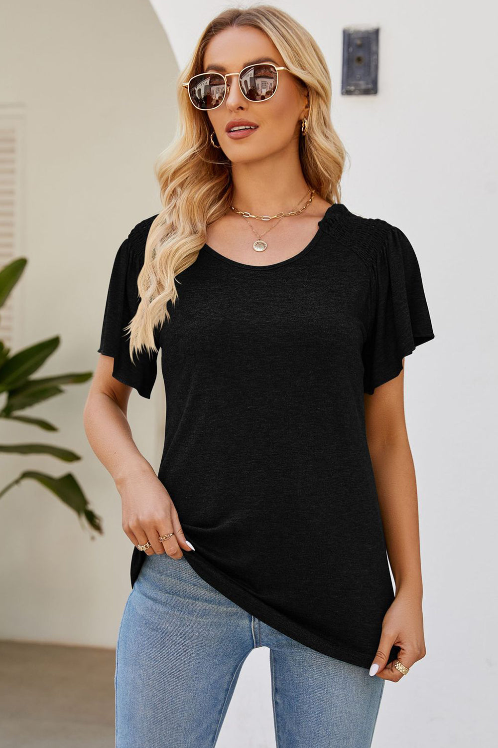 Smocked Round Neck Flutter Sleeve T-Shirt - Tippy Jean