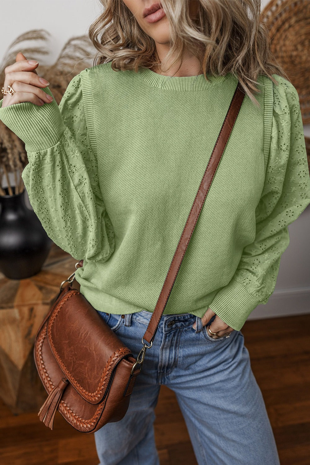 Eyelet Round Neck Long Sleeve Sweatshirt - Tippy Jean