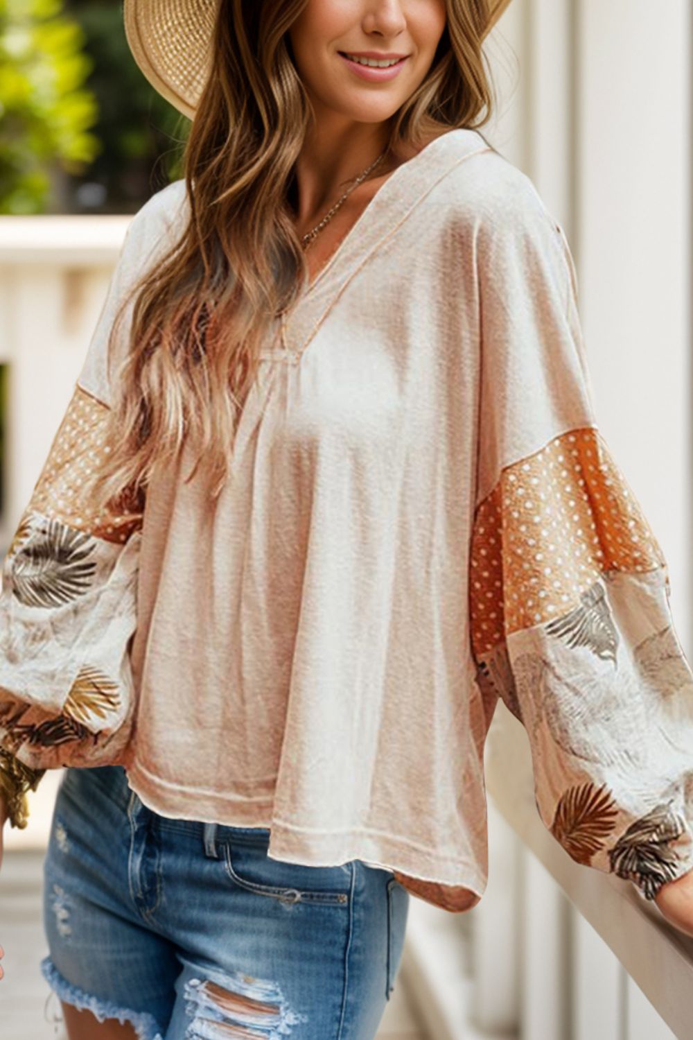 Printed V-Neck Long Sleeve Blouse - Tippy Jean