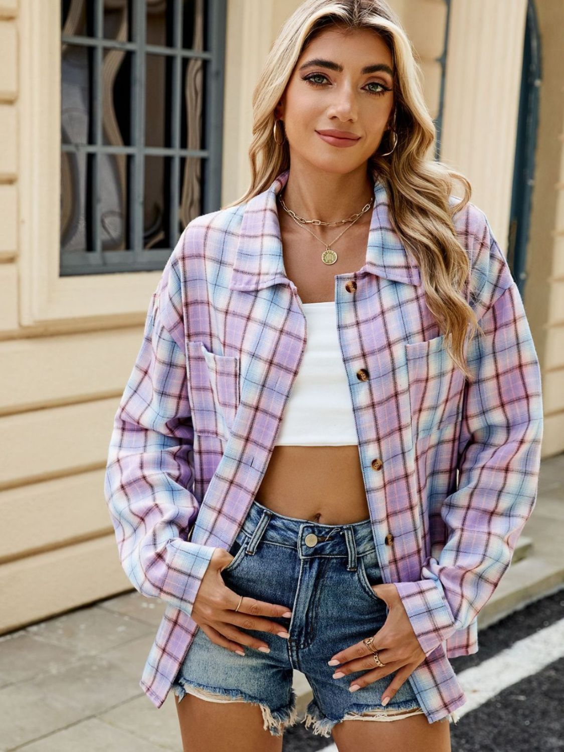 Plaid Collared Neck Long Sleeve Shirt - Tippy Jean