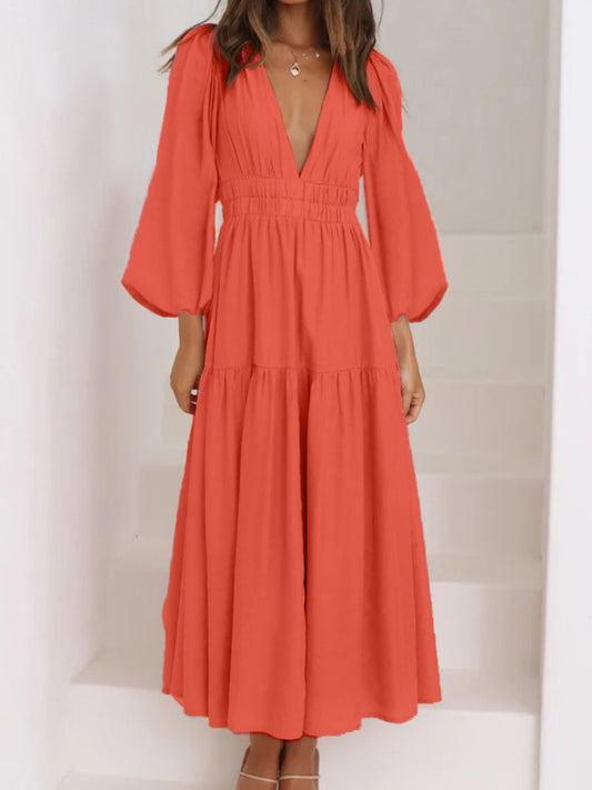 Deep V-Neck Balloon Sleeve Plain Maxi Dress - Tippy Jean