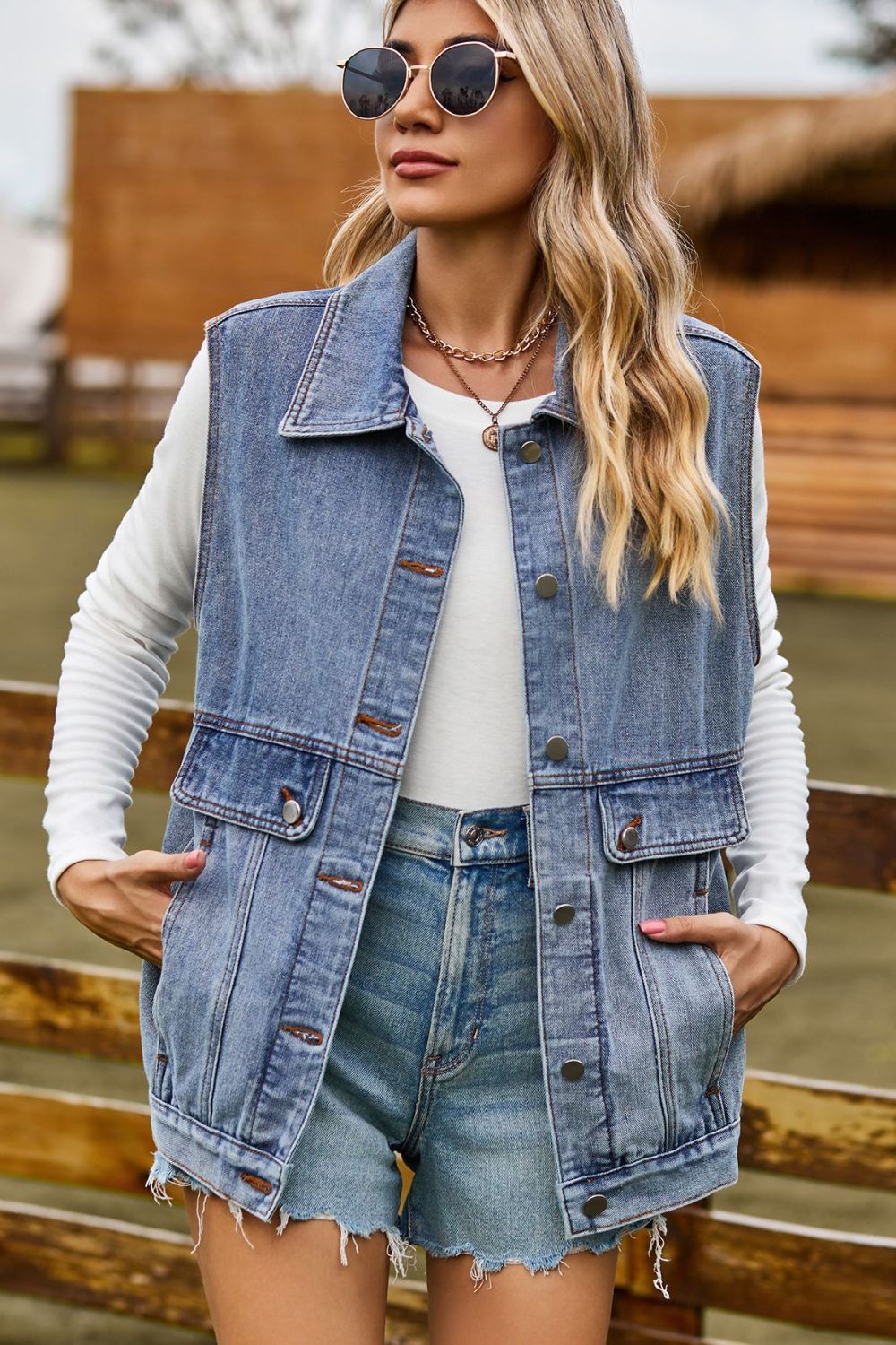 Sleeveless Collared Neck Denim Top with Pockets - Tippy Jean