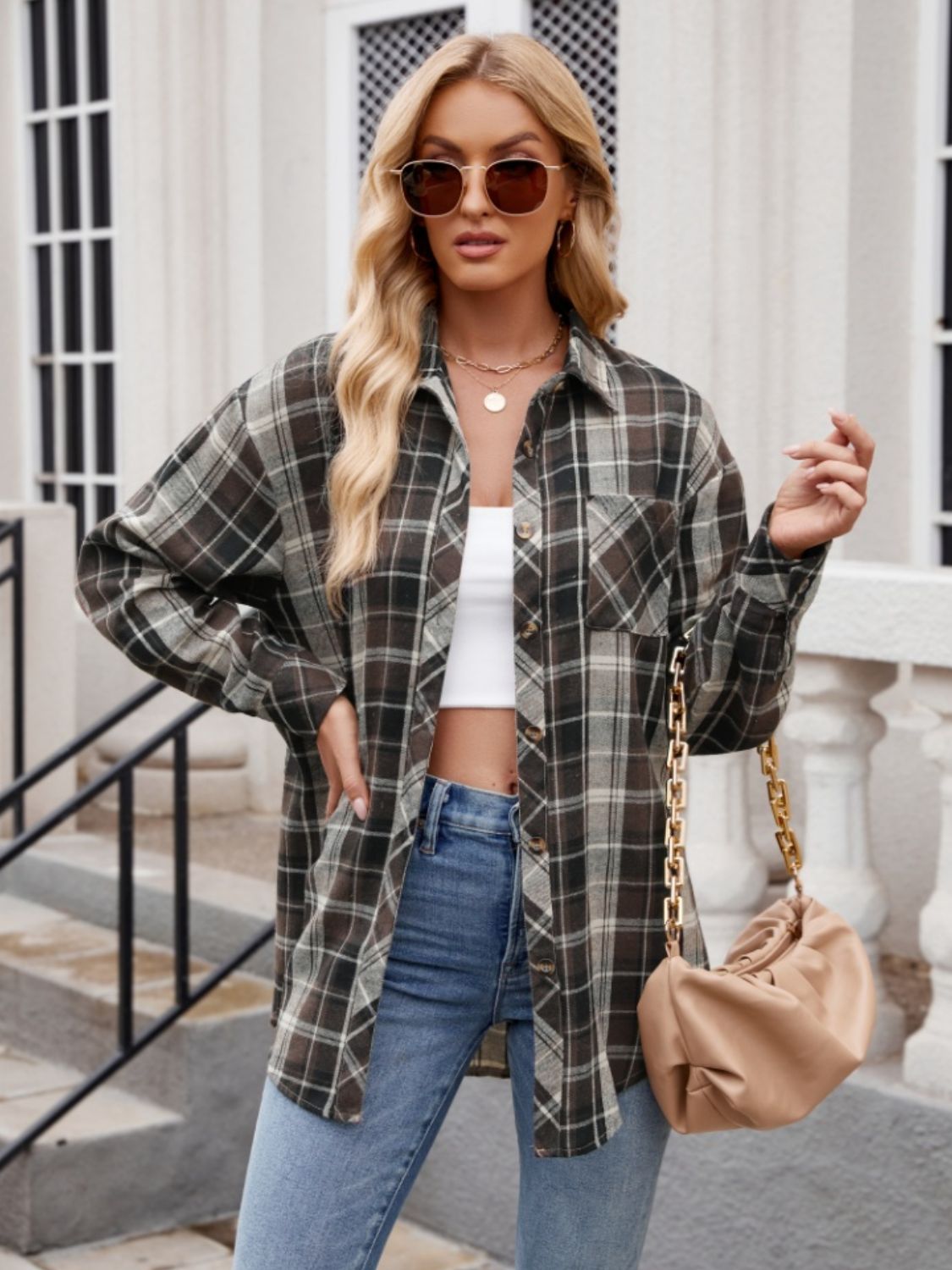 Mandy Pocketed Plaid Collared Neck Long Sleeve Shirt - Tippy Jean