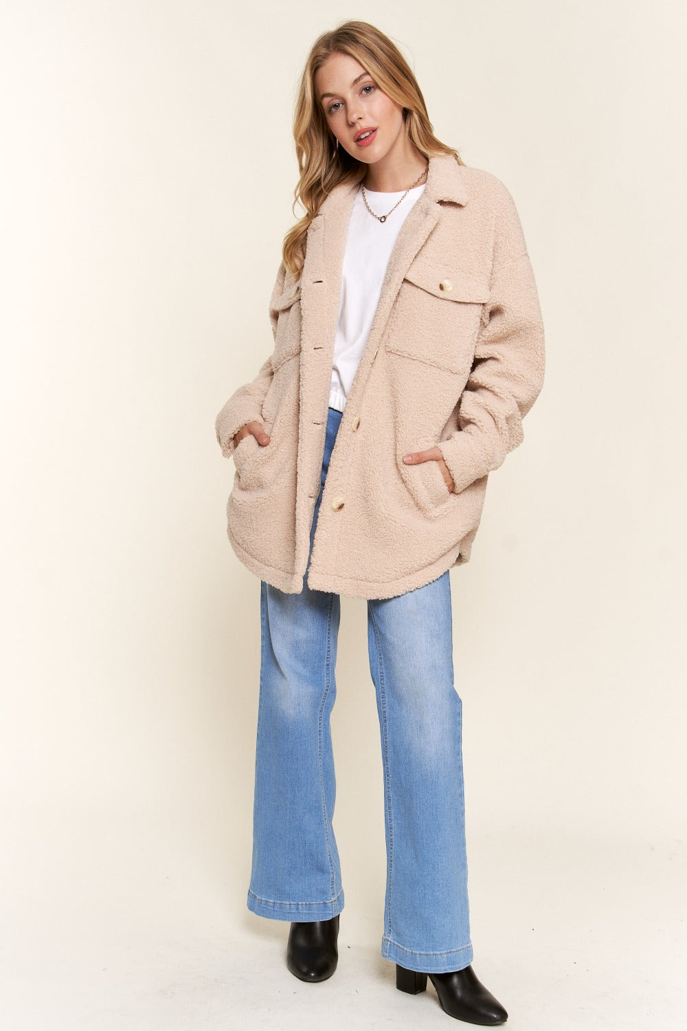 And The Why Teddy Sherpa Button Down Curved Hem Shacket - Tippy Jean