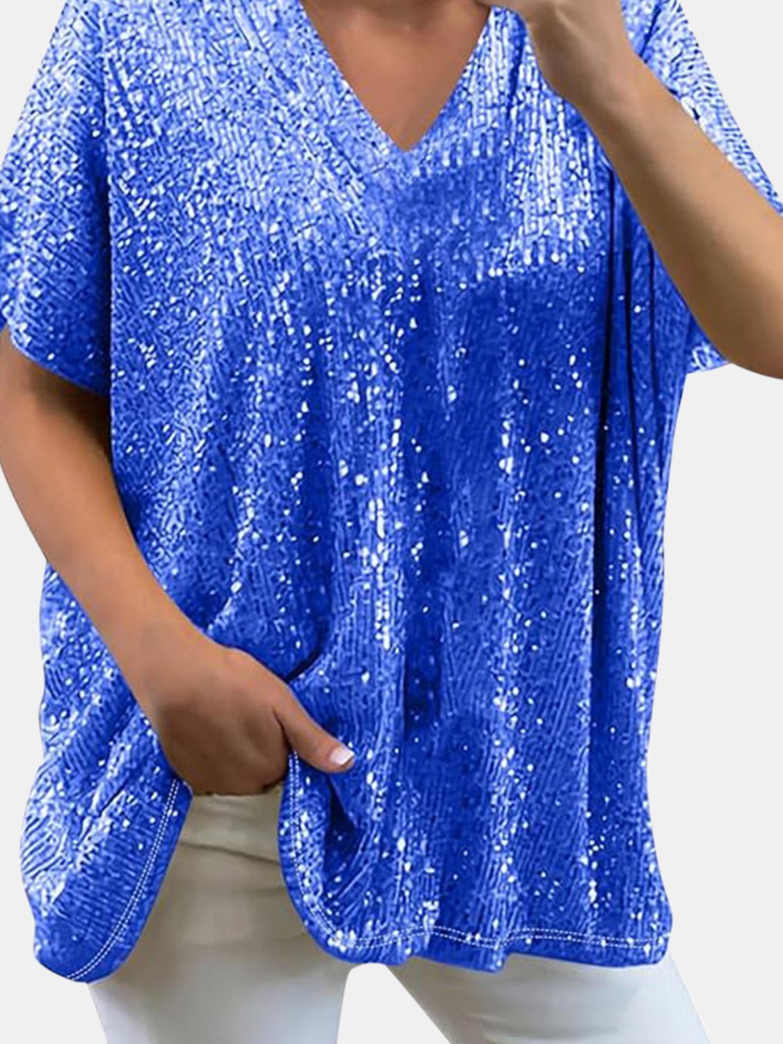 Full Size Sequin V-Neck Short Sleeve Top - Tippy Jean