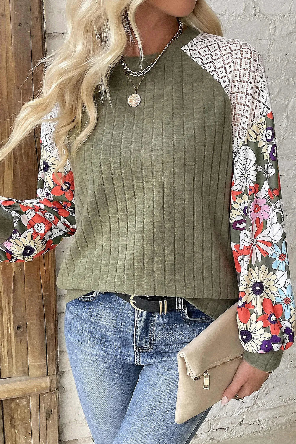 Printed Round Neck Long Sleeve Top - Tippy Jean