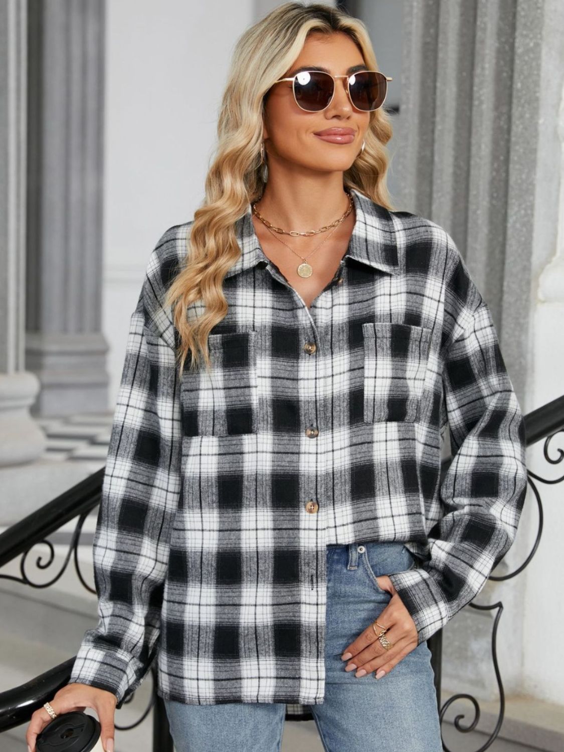 Plaid Collared Neck Long Sleeve Shirt - Tippy Jean