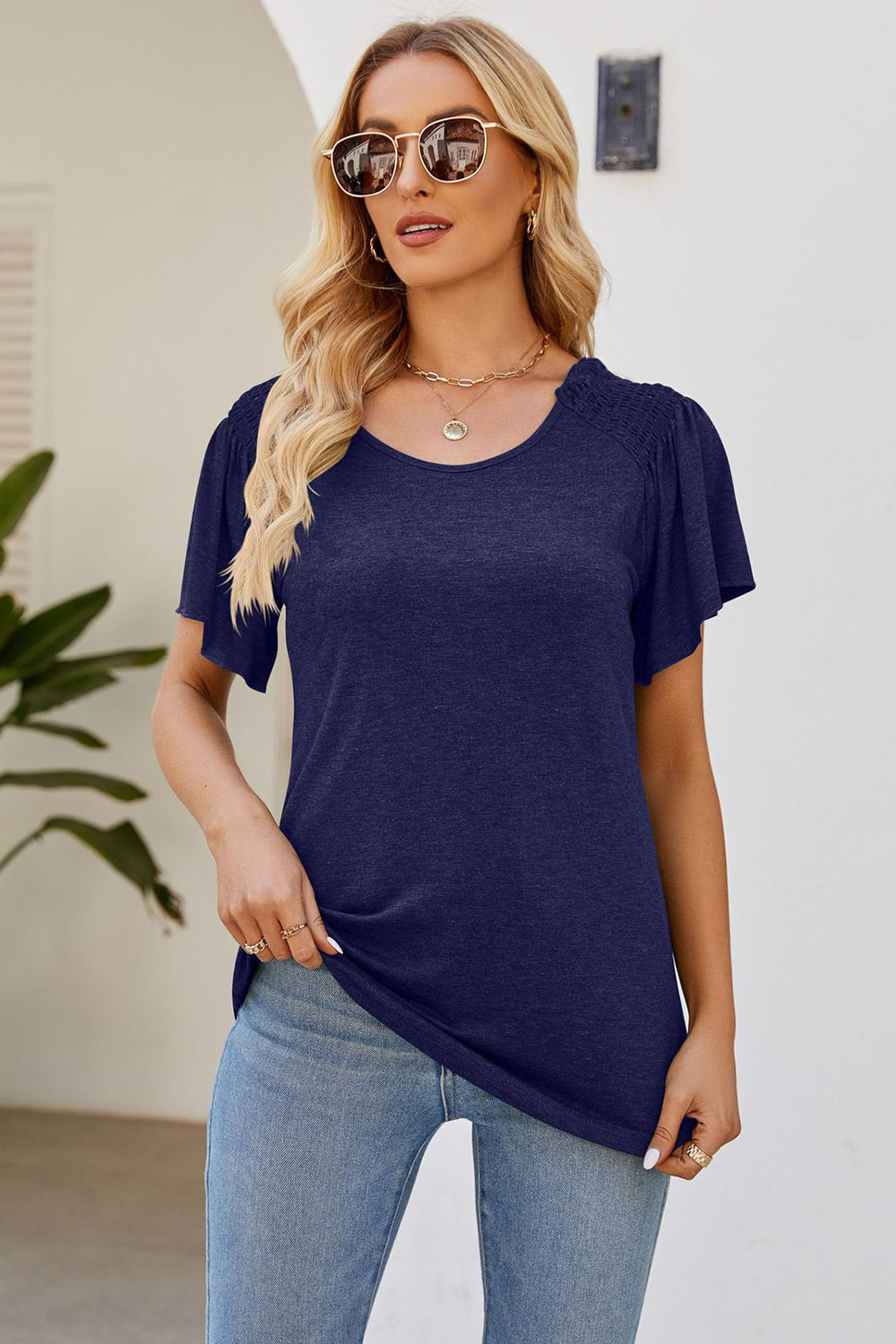 Smocked Round Neck Flutter Sleeve T-Shirt - Tippy Jean