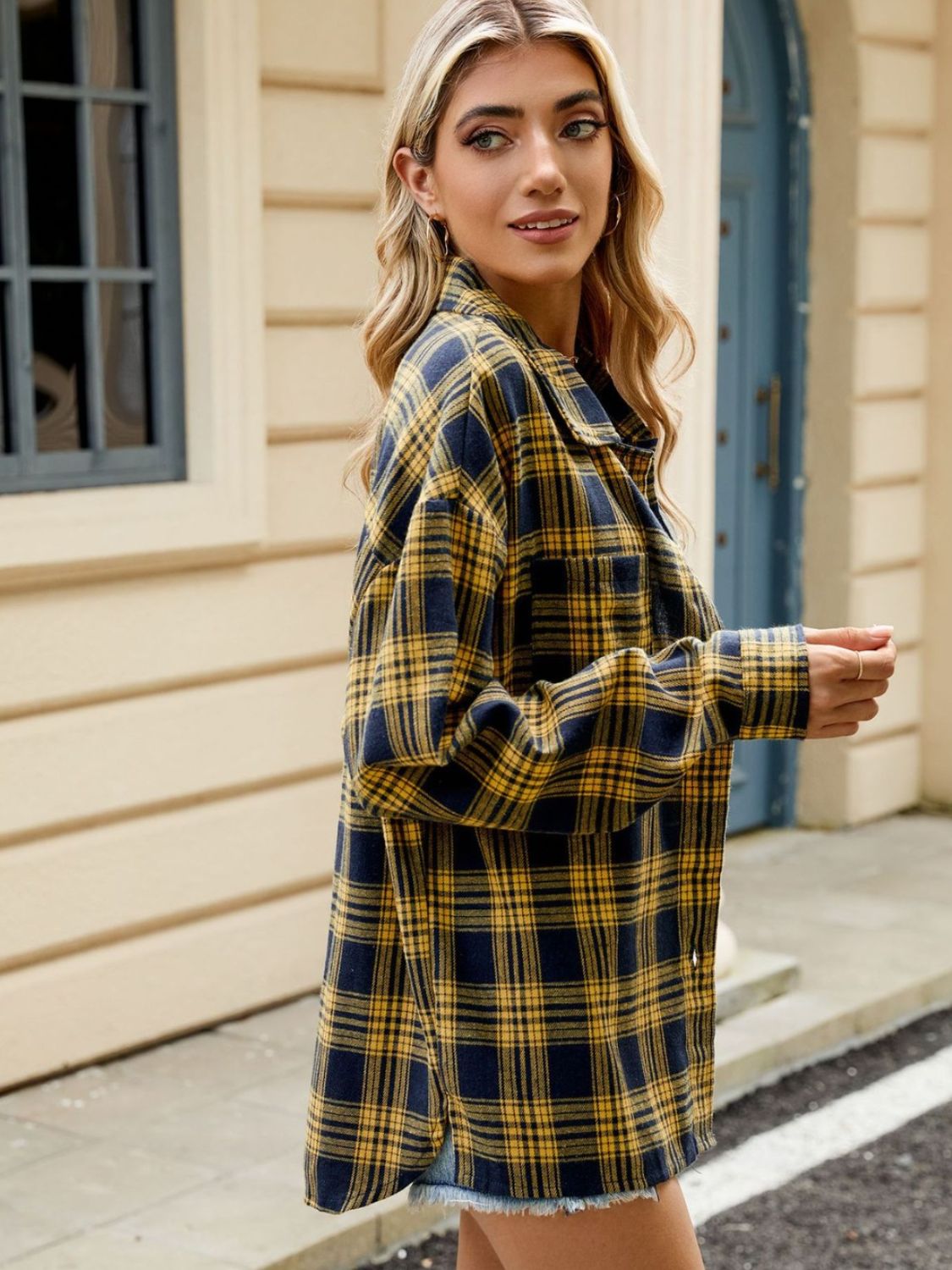 Plaid Collared Neck Long Sleeve Shirt - Tippy Jean