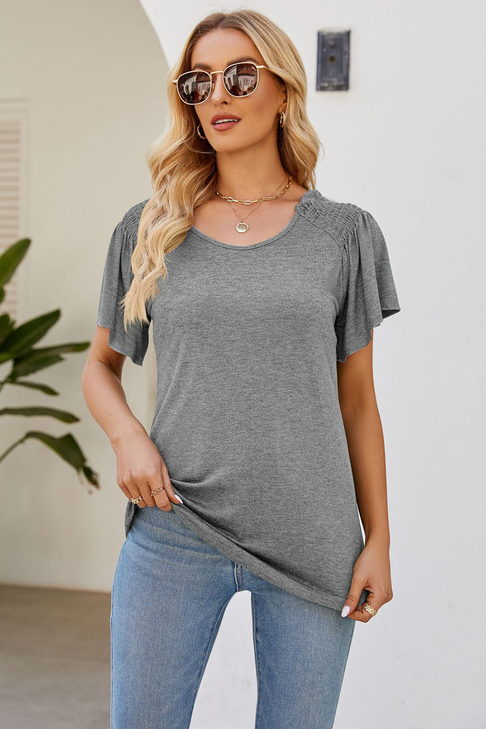 Smocked Round Neck Flutter Sleeve T-Shirt - Tippy Jean