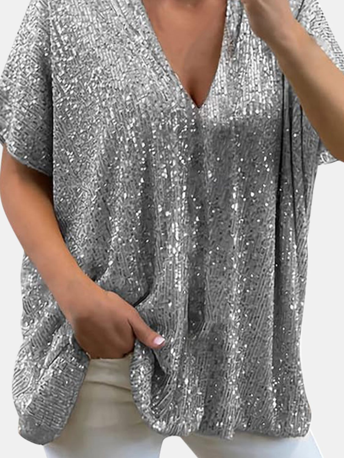 Full Size Sequin V-Neck Short Sleeve Top - Tippy Jean