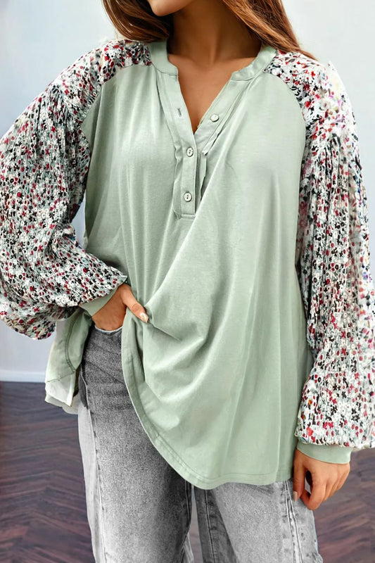 Printed Notched Long Sleeve Blouse - Tippy Jean