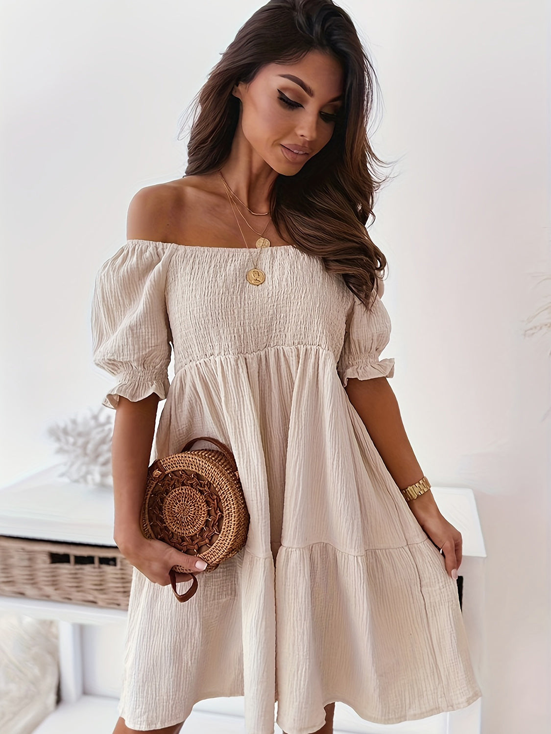 Full Size Ruffled Off-Shoulder Short Sleeve Dress - Tippy Jean