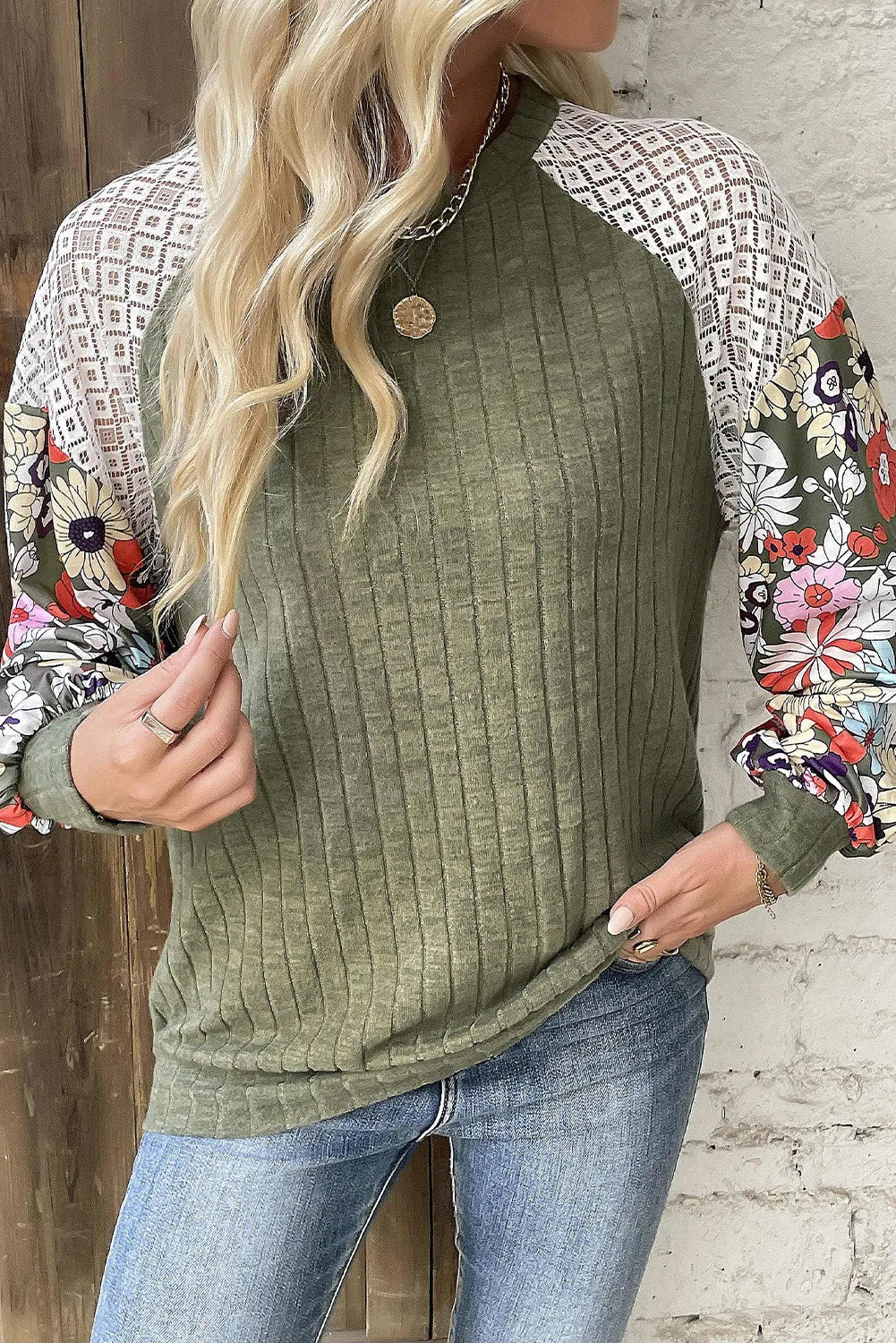 Printed Round Neck Long Sleeve Top - Tippy Jean