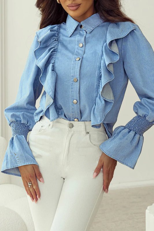 Ruffled Button Up Long Sleeve Denim Top - Tippy Jean