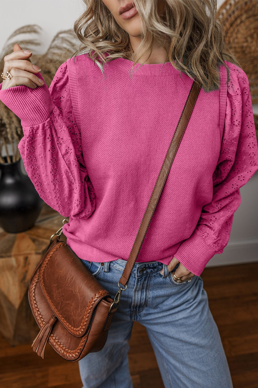 Eyelet Round Neck Long Sleeve Sweatshirt - Tippy Jean