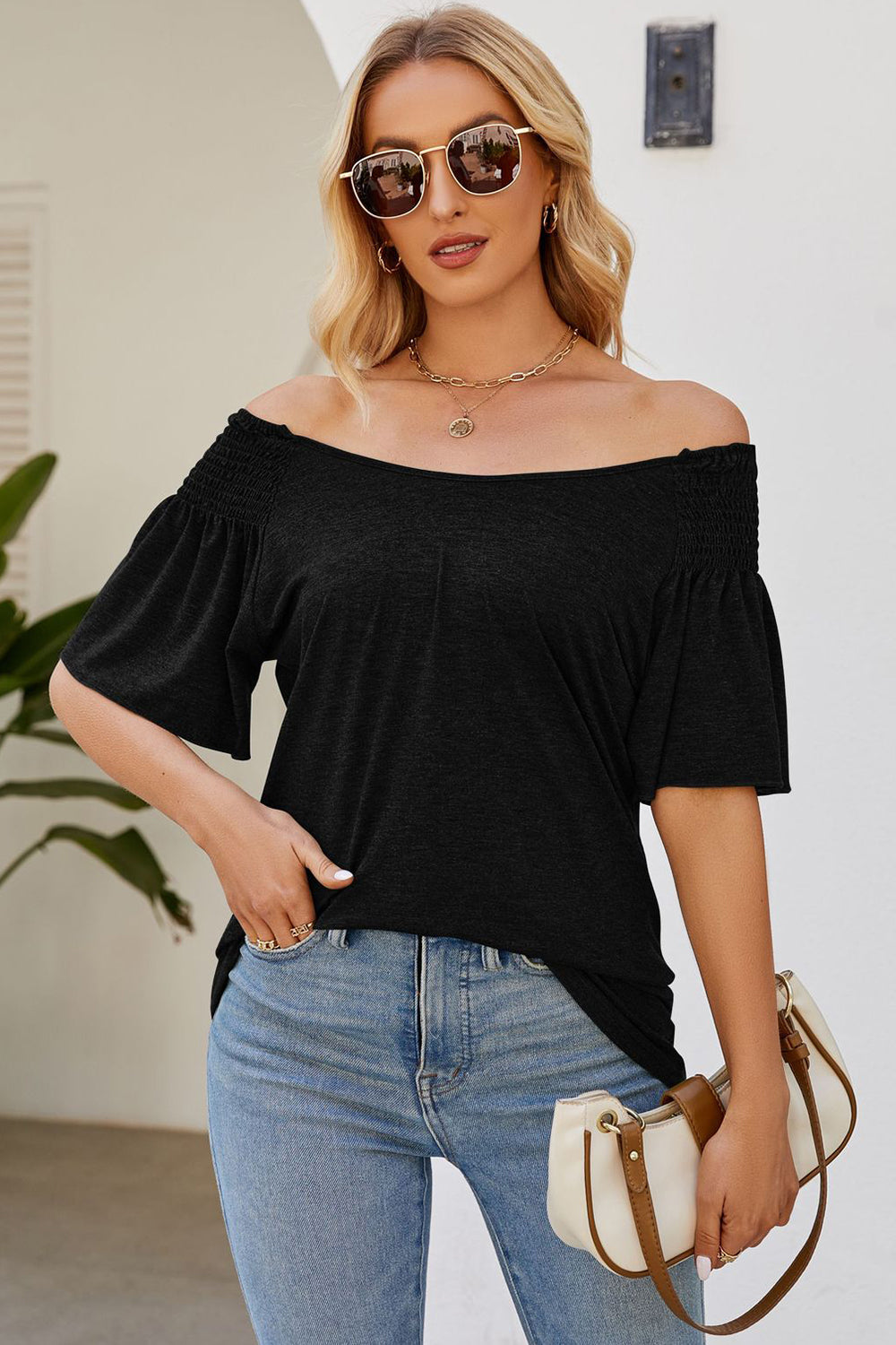 Smocked Round Neck Flutter Sleeve T-Shirt - Tippy Jean