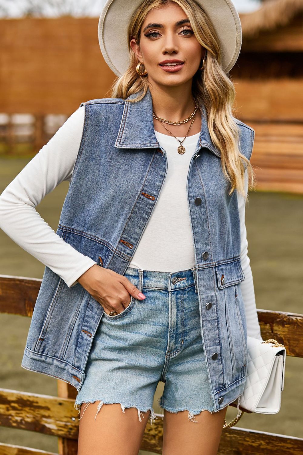 Sleeveless Collared Neck Denim Top with Pockets - Tippy Jean