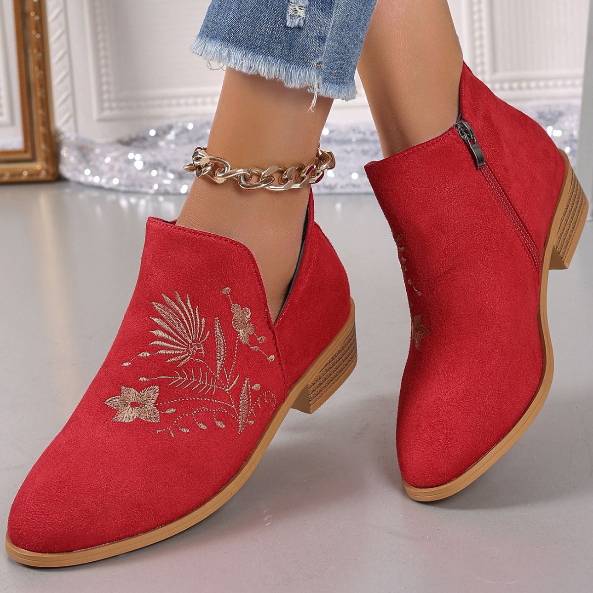 Embroidered Suede Point Toe Block Heel Boots - Tippy Jean