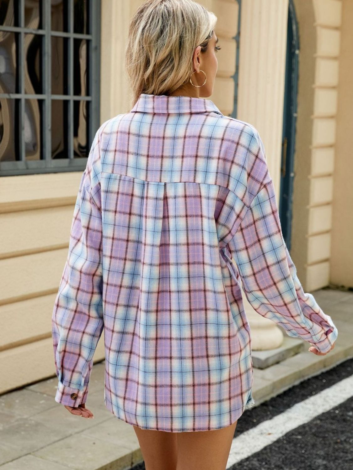 Plaid Collared Neck Long Sleeve Shirt - Tippy Jean