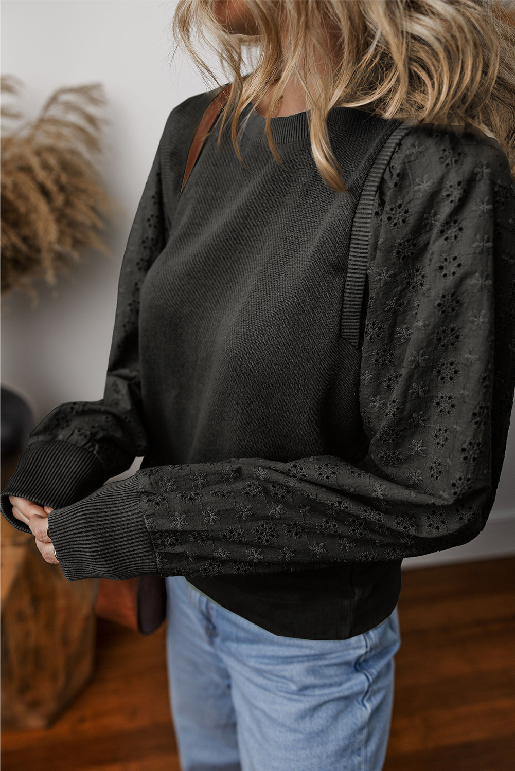 Eyelet Round Neck Long Sleeve Sweatshirt - Tippy Jean