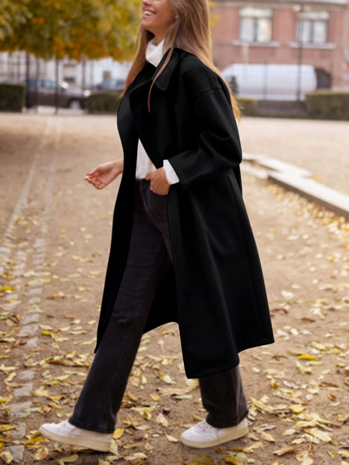 Pocketed Collared Neck Long Sleeve Coat - Tippy Jean