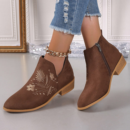 Embroidered Suede Point Toe Block Heel Boots - Tippy Jean