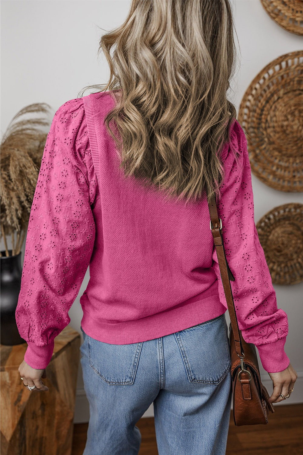 Eyelet Round Neck Long Sleeve Sweatshirt - Tippy Jean